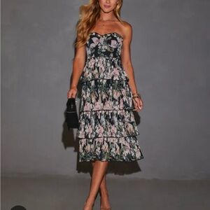 Vicki Addie Floral Strapless Tiered Midi Dress - Black Multi